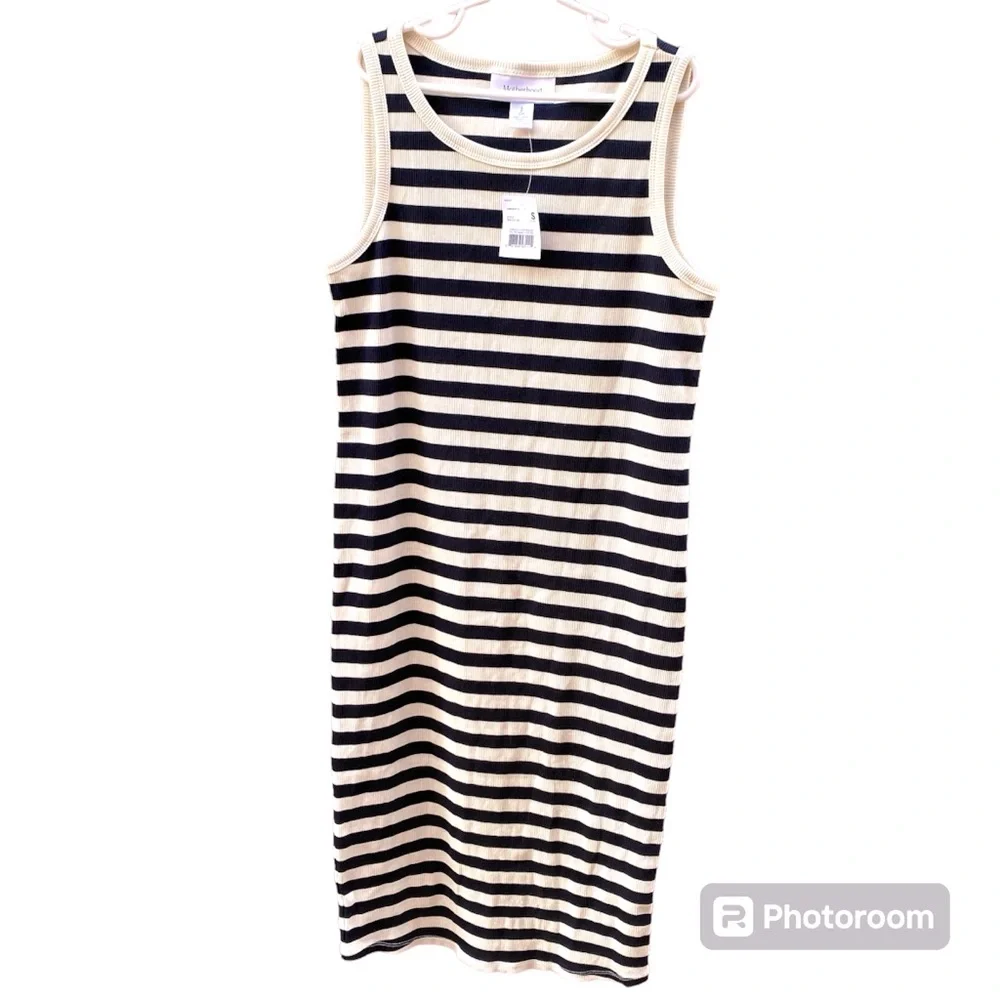 MOTHERHOOD MATERNITY TANK RIB KNIT DRESS FITTED BODYCON BLACK WHITE STRIPE - Picture 2 of 11